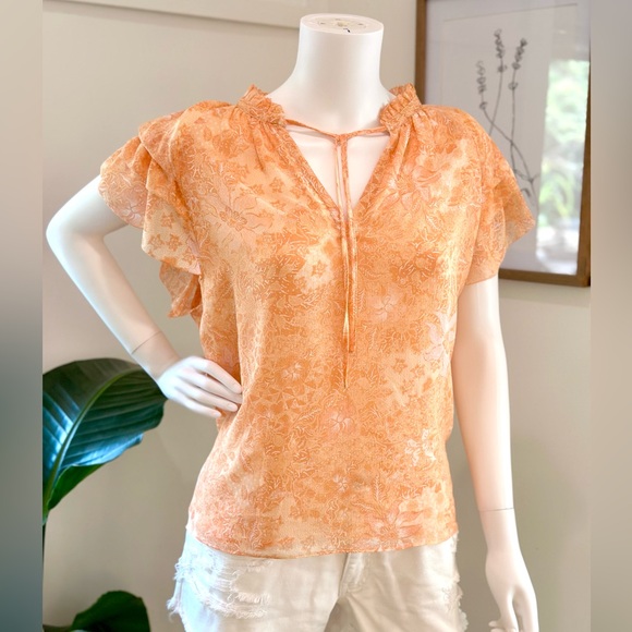 House of Harlow 1960 Peach and White Flutter Sleeve Blouse Tie Neck Size Large - Picture 2 of 8